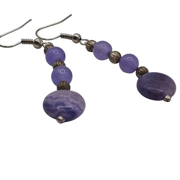 Purple Beaded Drop Dangle Earrings Amethyst Stacked Beaded Boho Round Hook Back - Picture 5 of 7